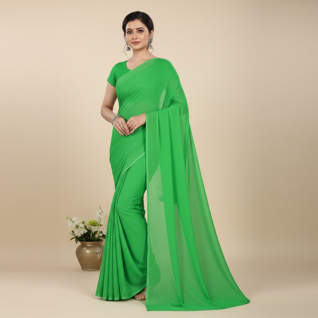 Shafusion parrot green plain georgette saree worn by a woman with matching blouse for casual and festive occasions