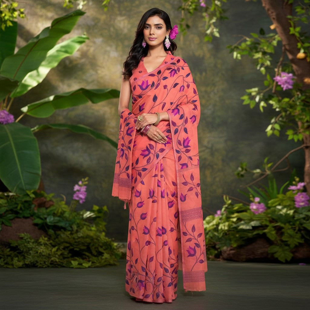 Shafusion peach georgette saree with purple floral print worn by a woman in a lush garden setting