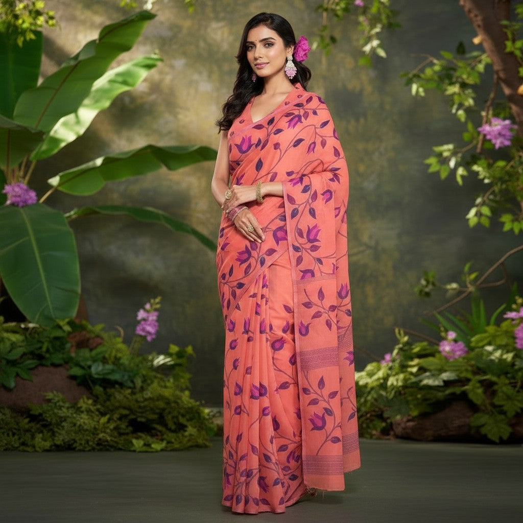 Shafusion peach georgette saree with purple floral print worn by a model in a lush garden setting