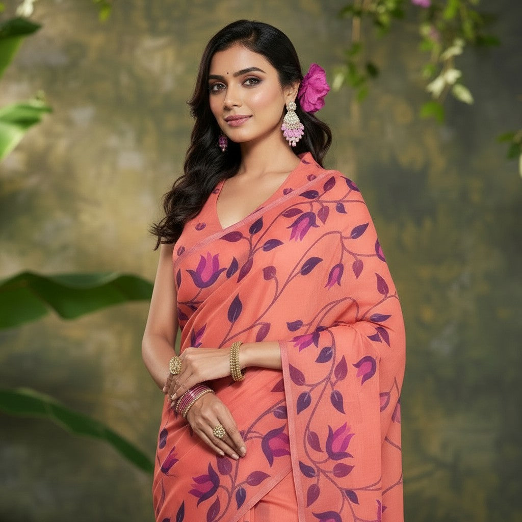 Shafusion peach georgette saree with purple floral print and unstitched blouse worn by a woman with floral hair clip