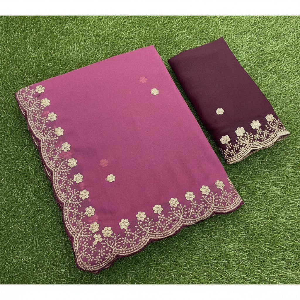 Shafusion pink star georgette saree featuring intricate floral embroidery and a matching unstitched blouse piece