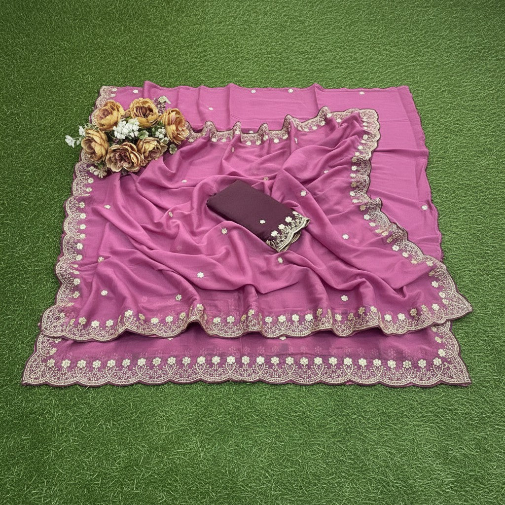 Shafusion pink star georgette saree with intricate embroidery and matching unstitched blouse on a green grass background