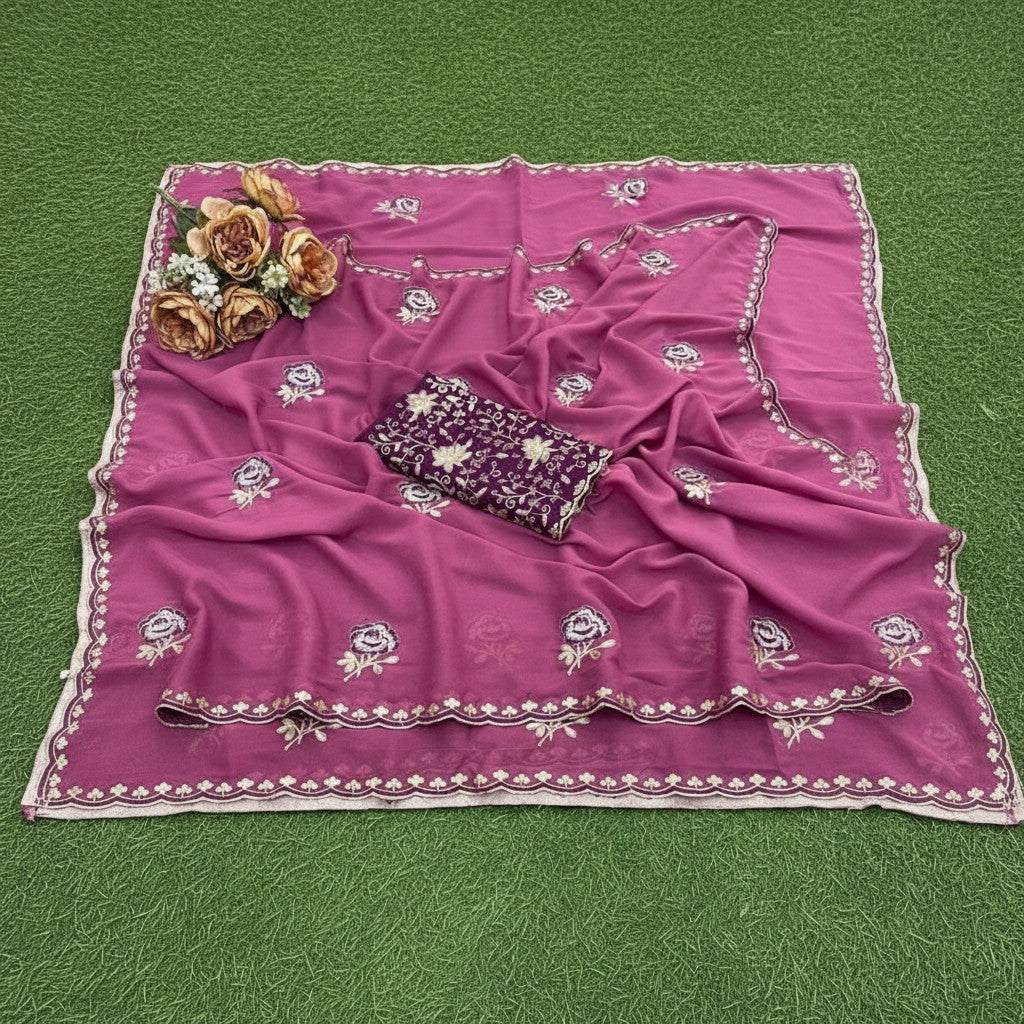 Shafusion pink star georgette saree with floral embroidery and matching unstitched blouse piece on green grass