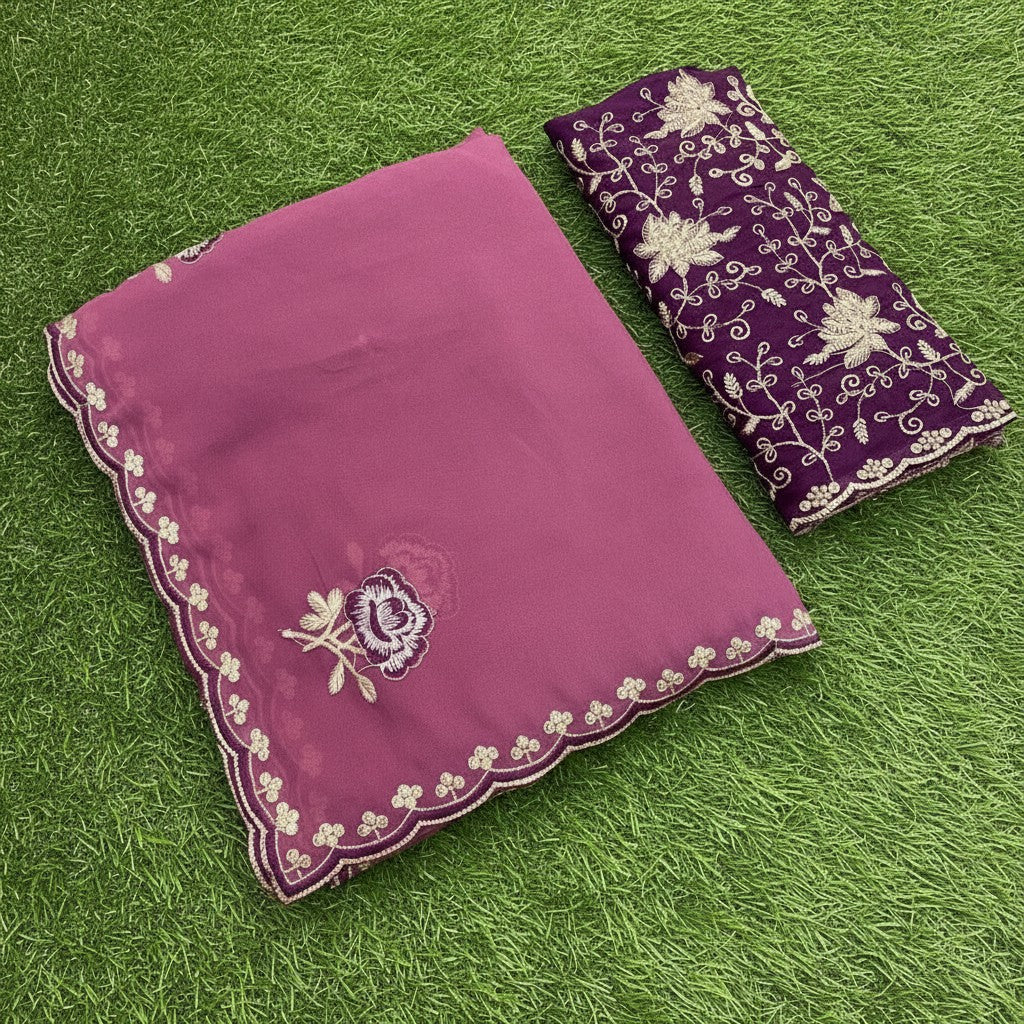 Shafusion pink star georgette saree with floral embroidery and matching unstitched blouse on green grass background