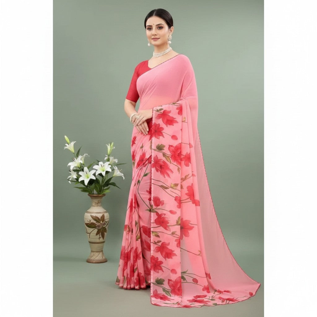 Shafusion women's light pink georgette saree with red floral print and matching unstitched blouse worn by a model