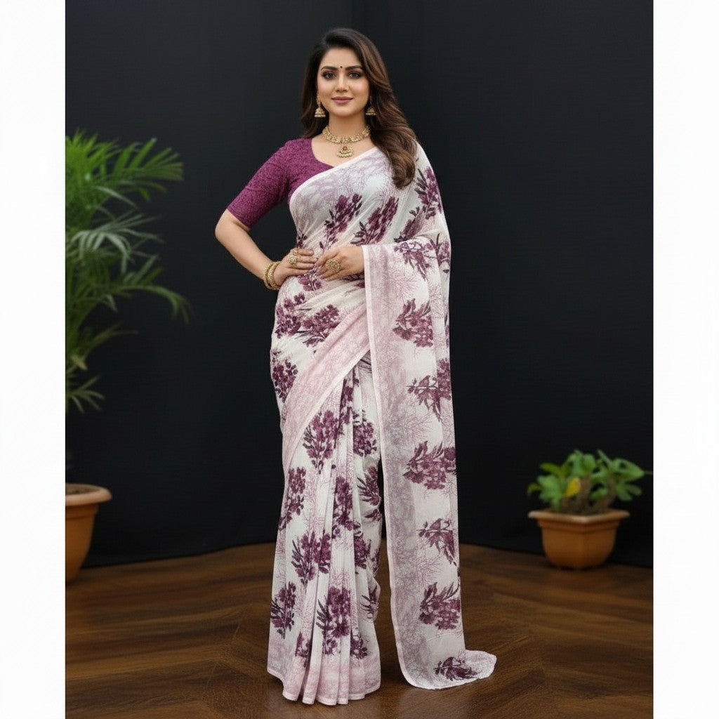 Shafusion pink and white floral printed georgette saree worn by a woman with a matching purple unstitched blouse