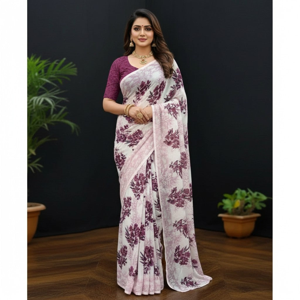Shafusion pink and white floral printed georgette saree with a matching unstitched blouse worn by a model