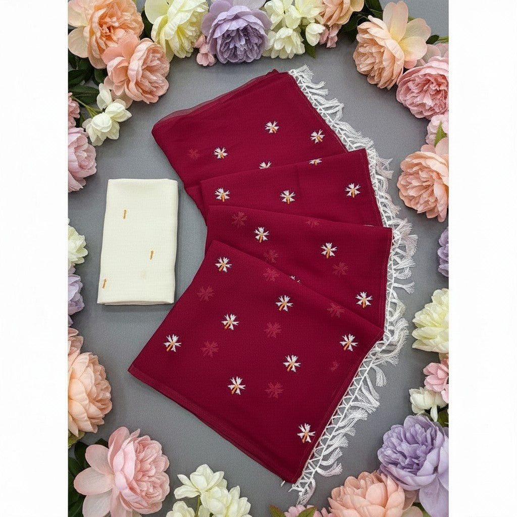 Shafusion pink georgette saree with delicate floral embellishments and white fringe border, includes unstitched blouse