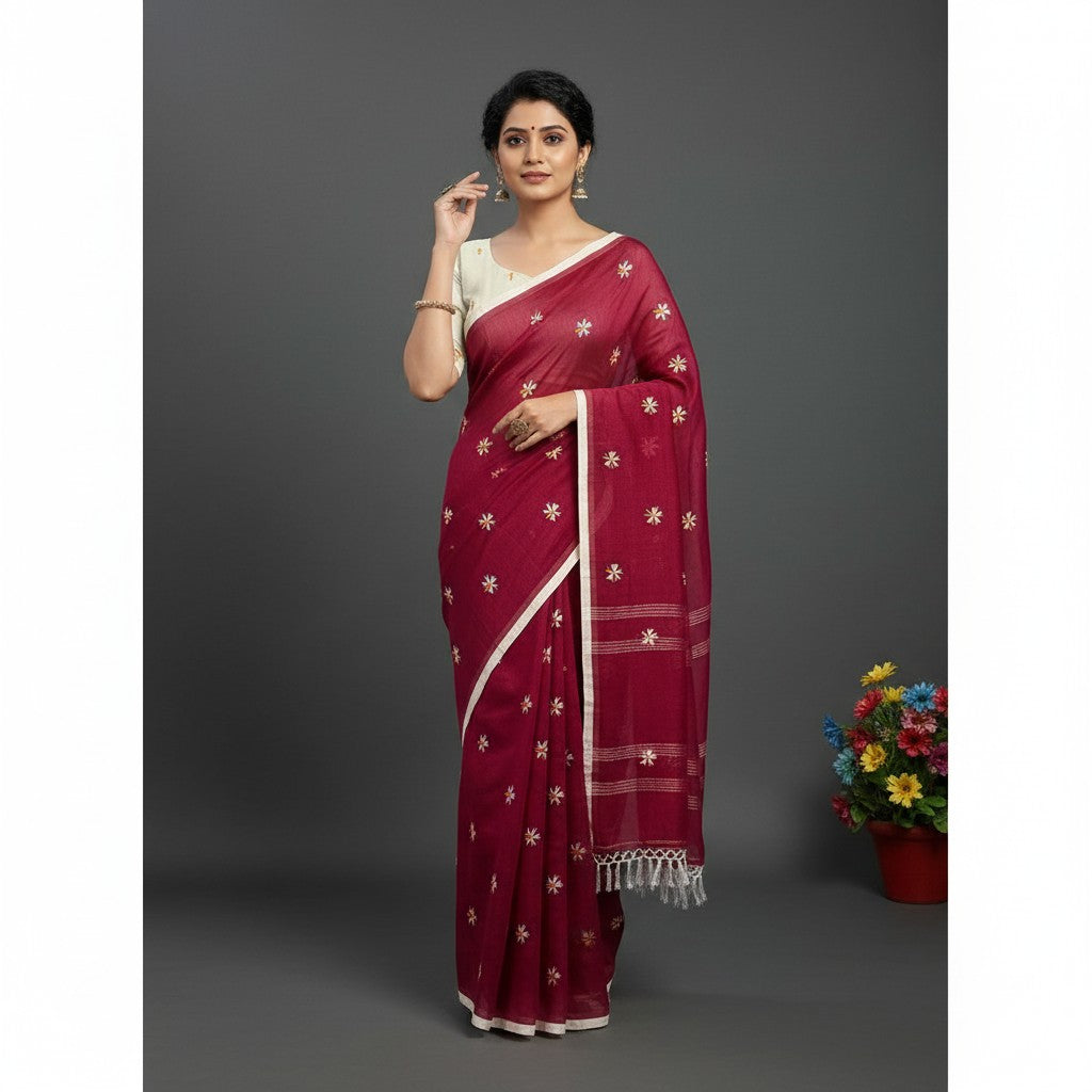 Shafusion pink georgette saree with floral embellishments and unstitched blouse worn by a model