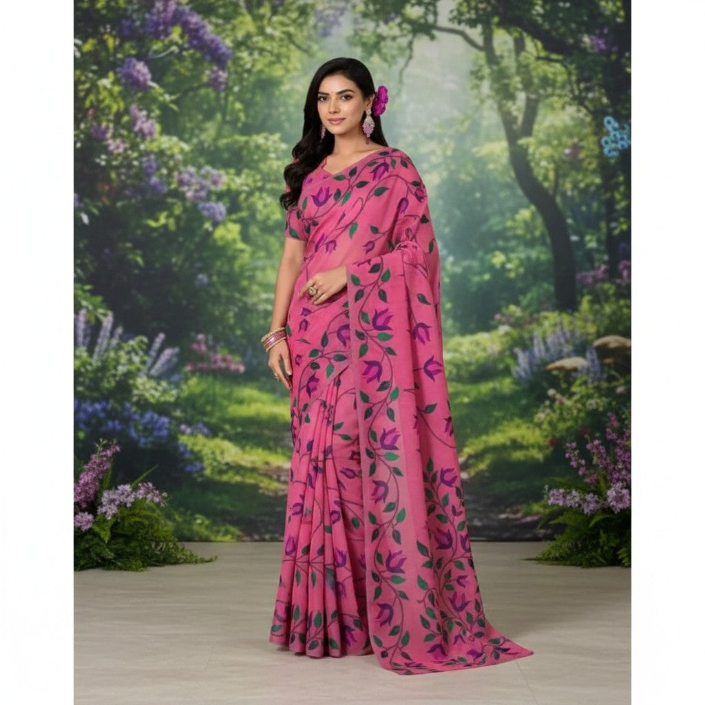 Shafusion pink georgette saree with purple and green floral print worn by a model in a garden setting