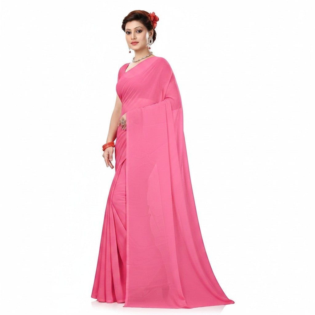 Shafusion pink georgette plain saree worn by a woman with matching blouse for casual and festive occasions