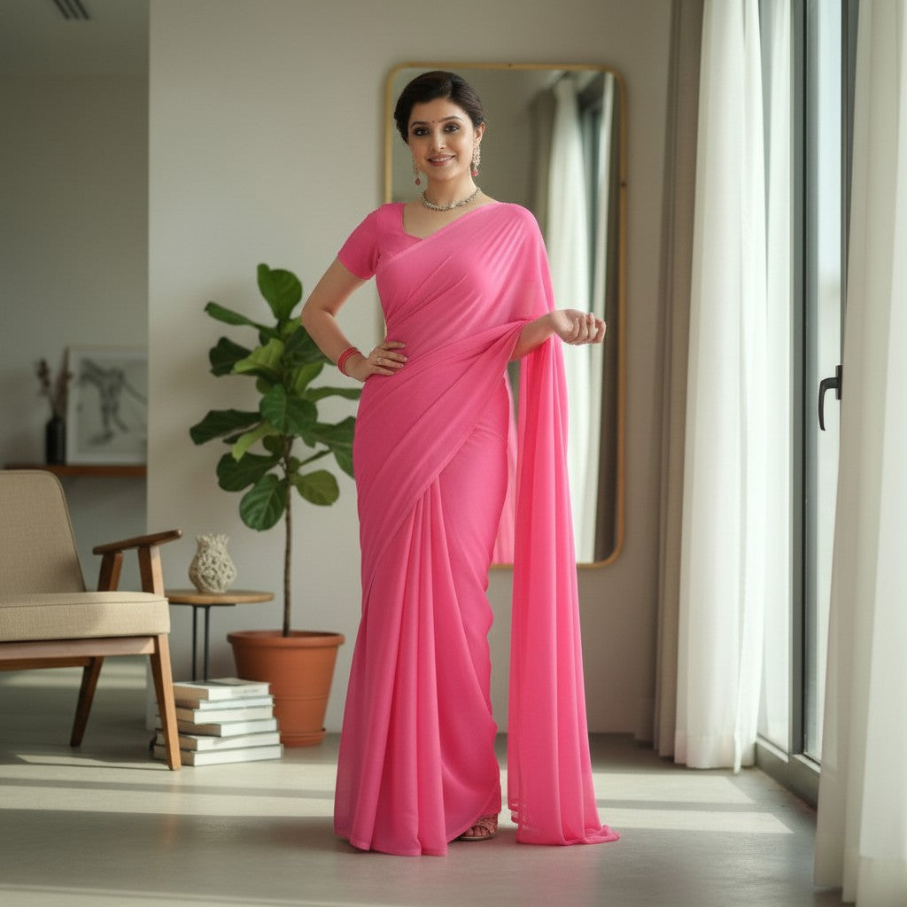 Shafusion pink georgette plain saree worn by a woman in a modern living room setting