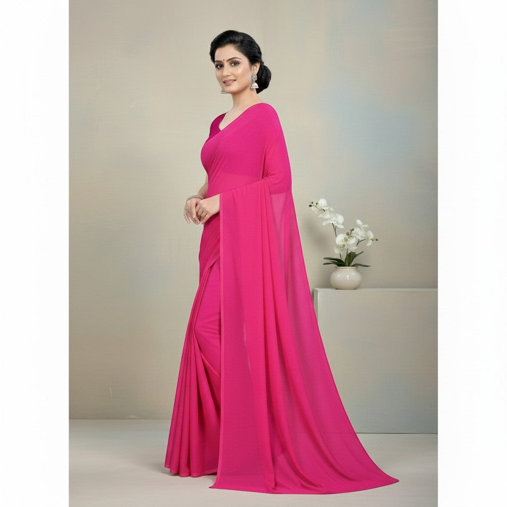 Shafusion pink georgette plain saree worn by a model, featuring a matching blouse for casual and festive occasions.