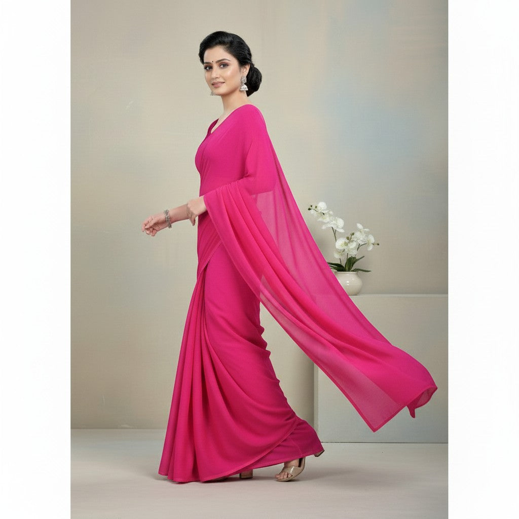 Shafusion pink georgette plain saree with matching blouse worn by a woman in a studio setting