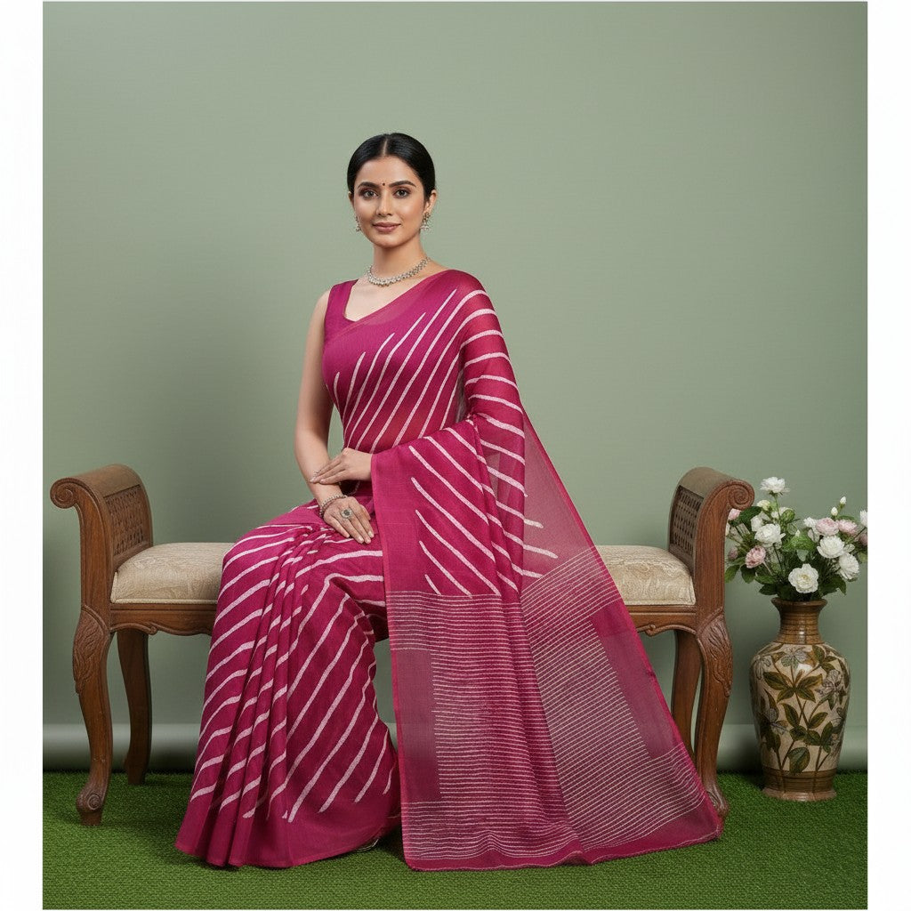 Shafusion pink georgette saree with white diagonal stripes worn by a woman sitting on a vintage bench