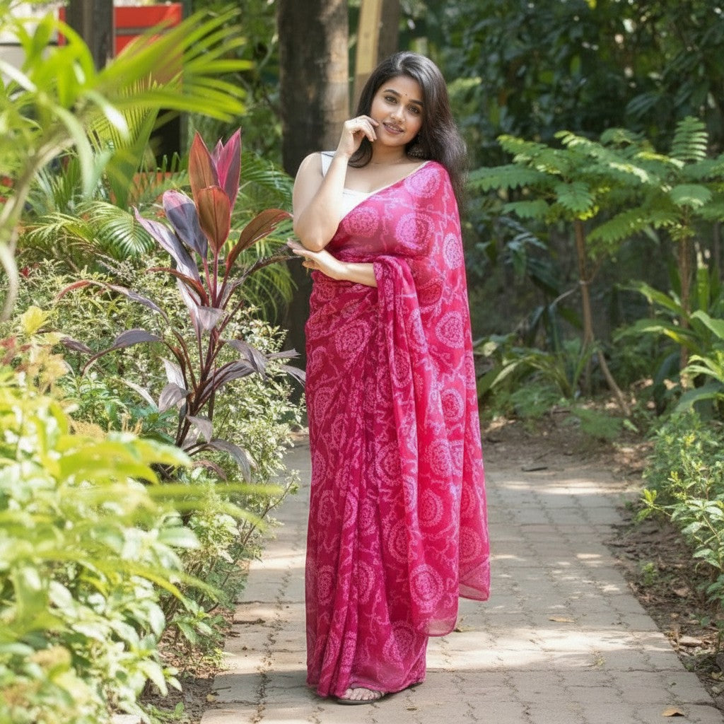 Shafusion pink georgette saree with white floral print worn by a woman in a lush garden setting