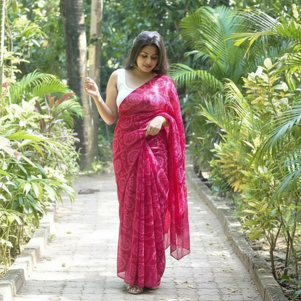 Shafusion pink georgette printed saree worn by a woman in a lush garden setting with an unstitched blouse