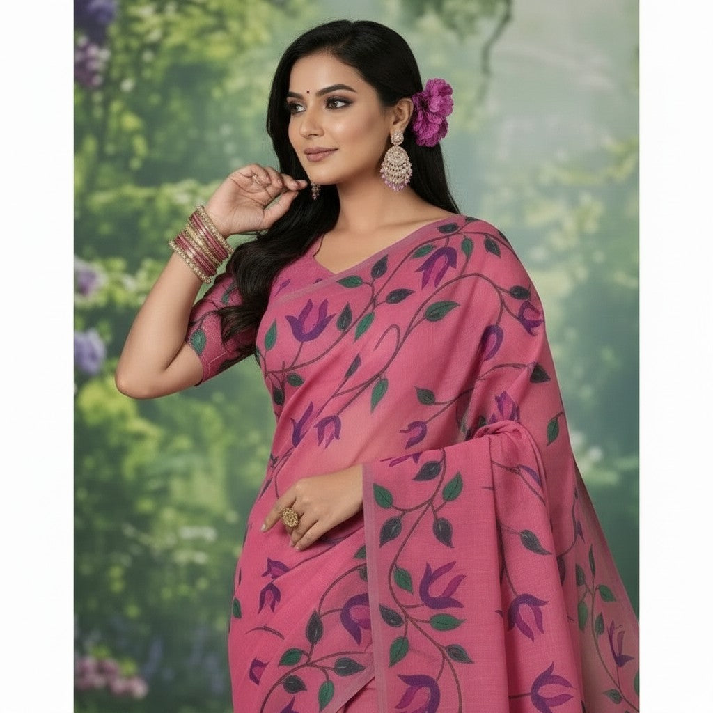 Shafusion pink georgette saree with purple floral print and unstitched blouse worn by a model in a garden setting