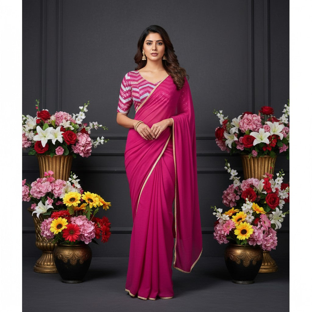 Shafusion pink fox georgette solid saree with a patterned unstitched blouse worn by a model in a floral studio