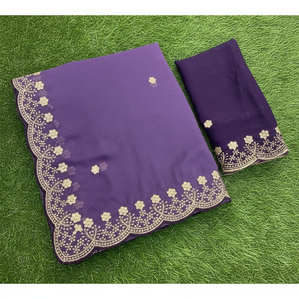 Shafusion purple star georgette saree with intricate floral embroidery and matching unstitched blouse piece