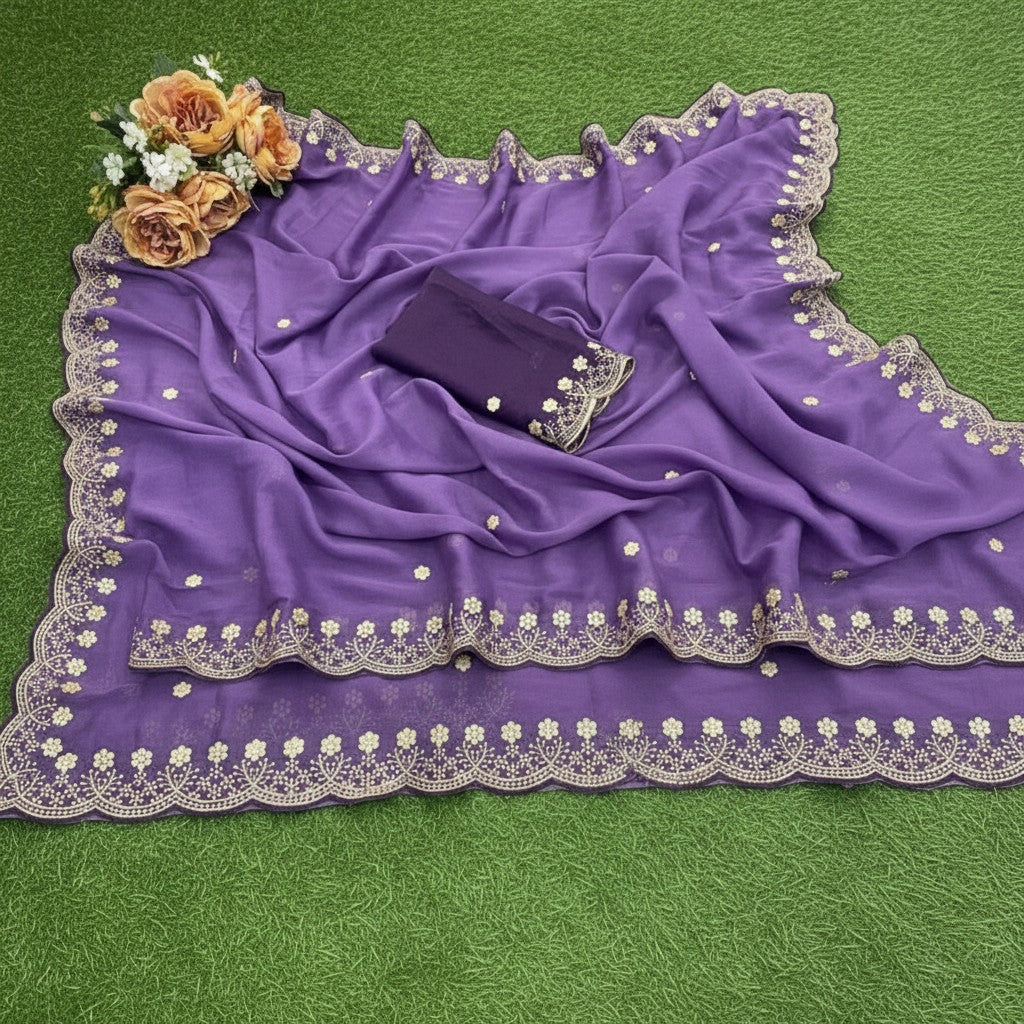 Shafusion purple star georgette saree featuring intricate floral embroidery and an unstitched matching blouse piece.