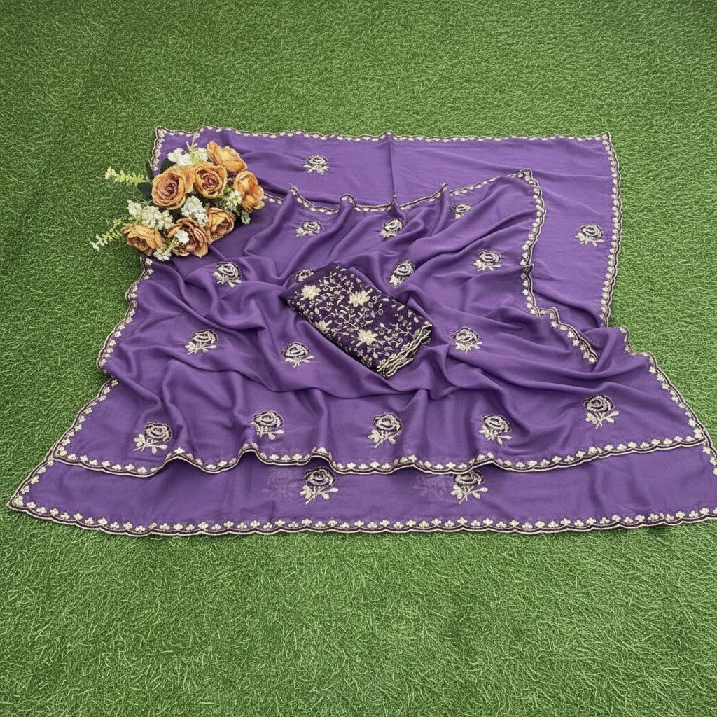 Shafusion purple star georgette saree with intricate floral embroidery and matching unstitched blouse piece