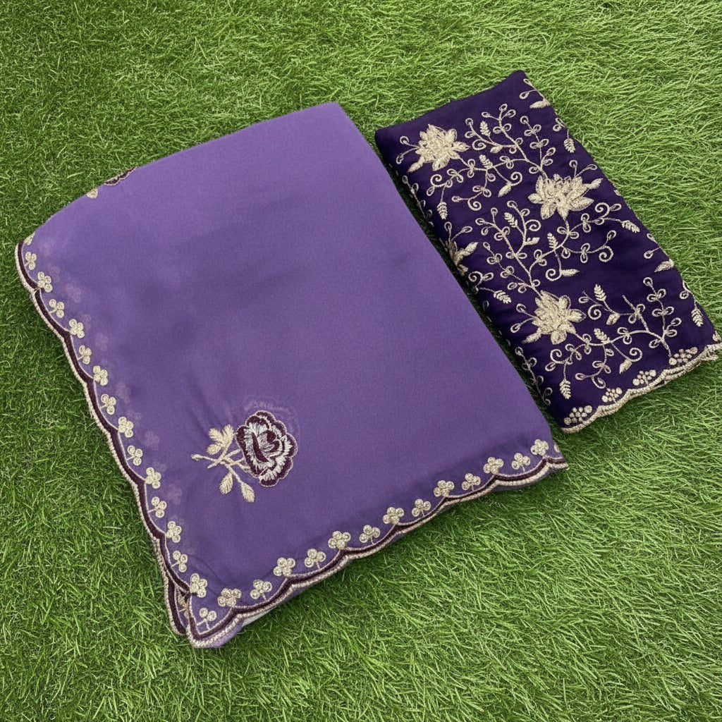 Shafusion purple star georgette saree with intricate floral embroidery and matching unstitched blouse piece