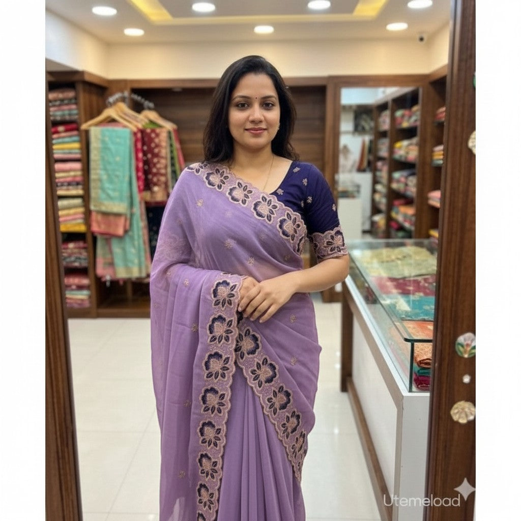 Shafusion purple star georgette saree with intricate floral embroidery and a matching dark blue unstitched blouse