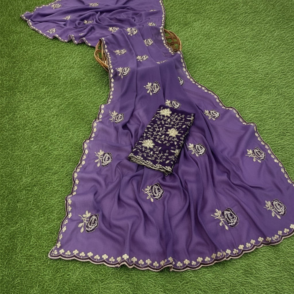Shafusion purple star georgette saree featuring intricate floral embroidery and a matching unstitched blouse piece.