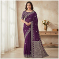 Shafusion purple georgette saree with intricate silver embroidery and matching embellished blouse on a model