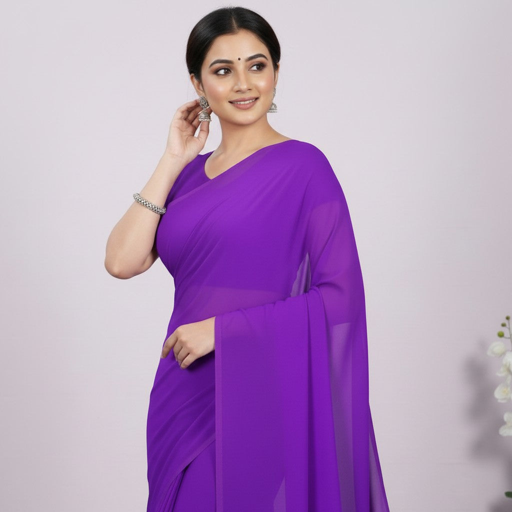 Shafusion purple georgette plain saree worn by a woman with traditional silver jewelry for festive or casual wear.
