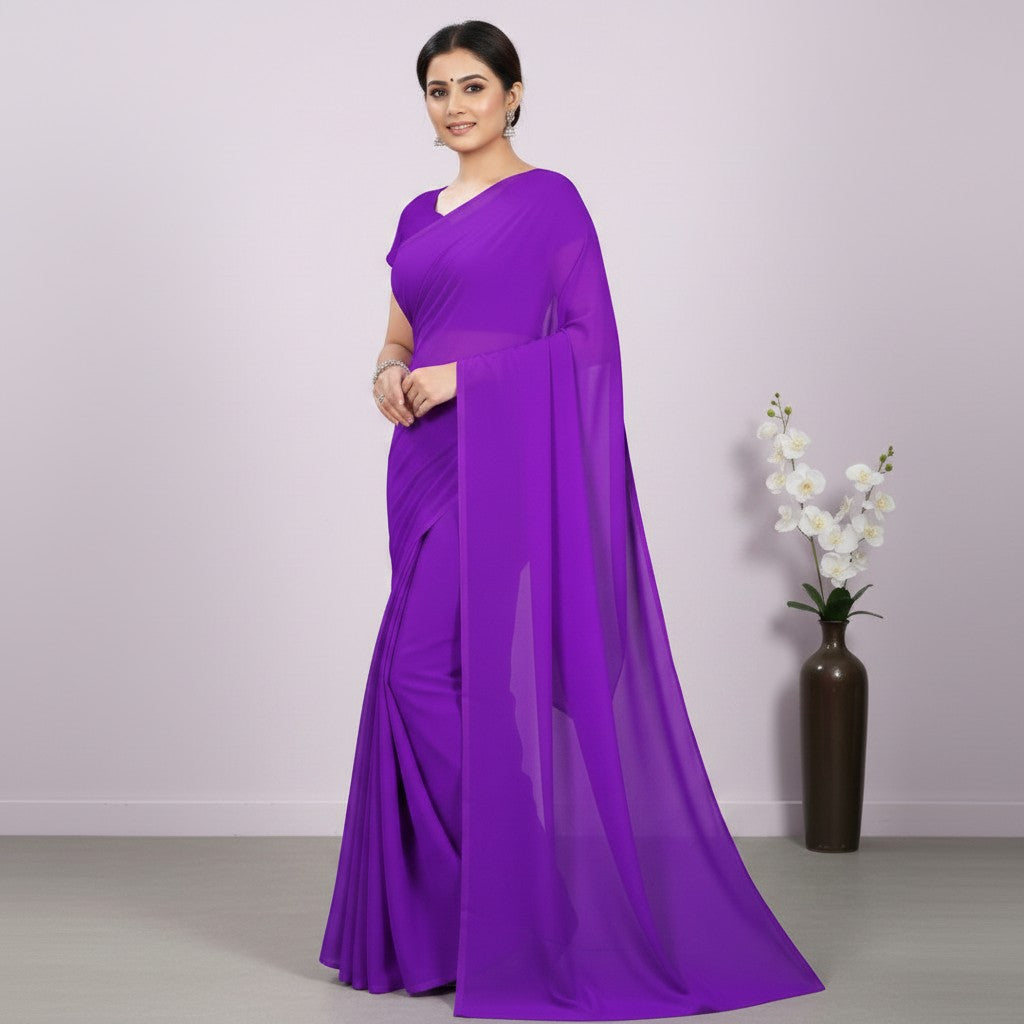 Shafusion purple georgette plain saree worn by a woman with matching blouse for casual and festive occasions