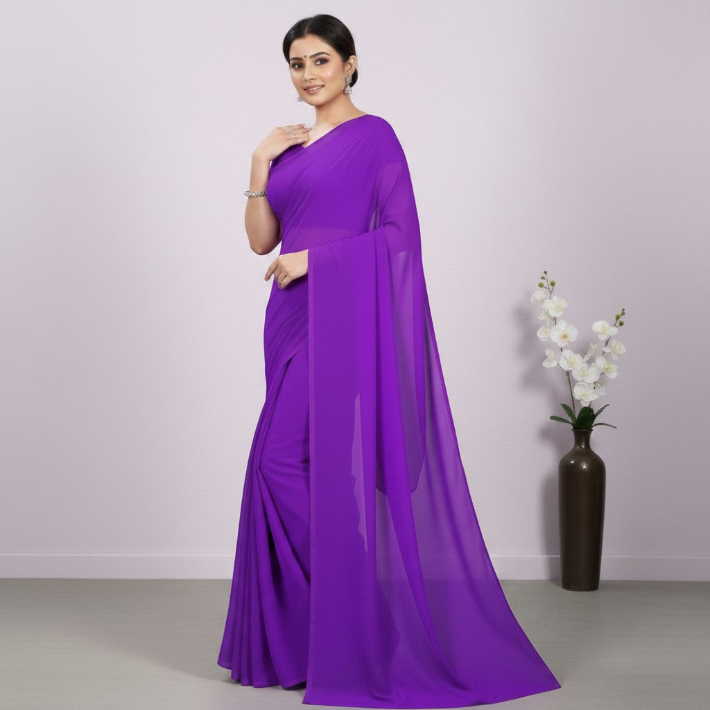 Shafusion purple georgette plain saree worn by a woman, suitable for casual and festive occasions.