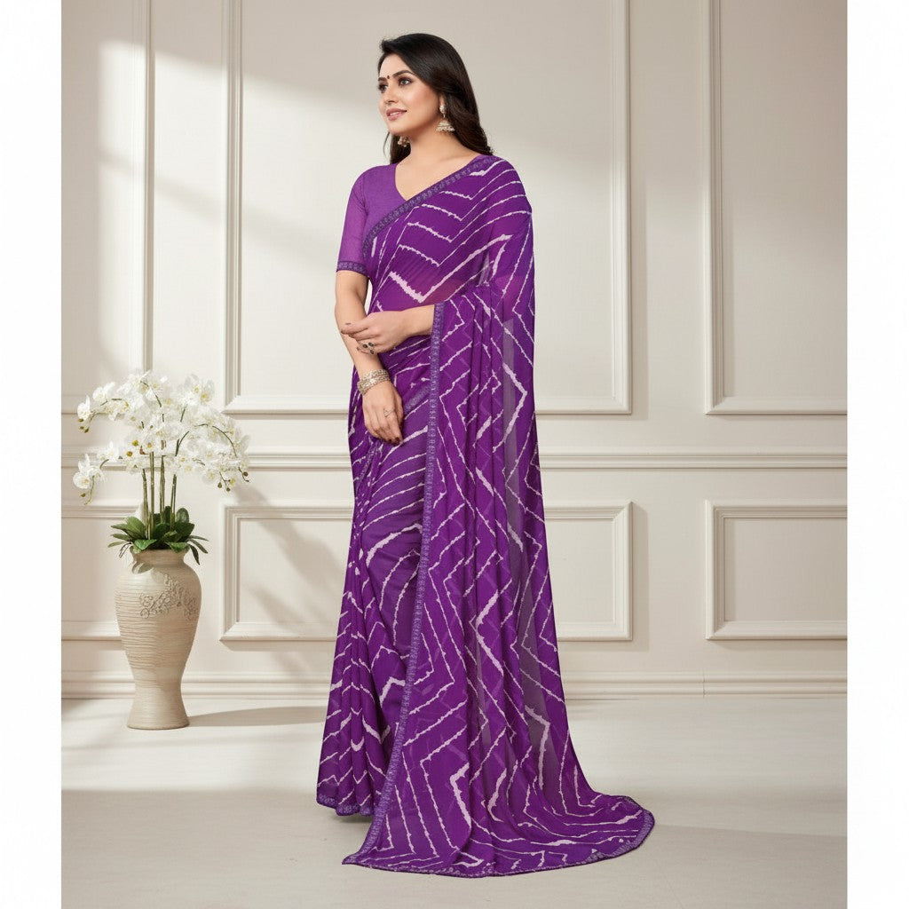 Shafusion purple georgette saree with white geometric print and unstitched blouse worn by a model in a studio.