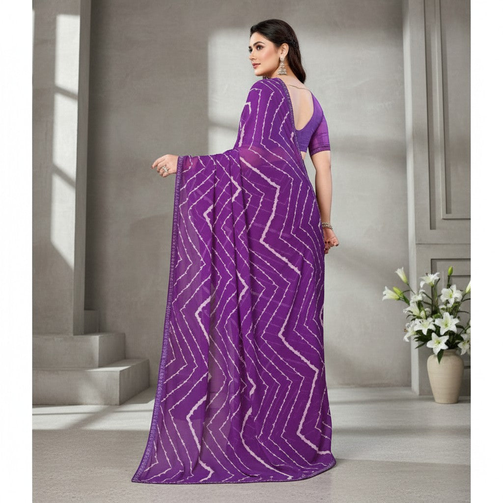 Shafusion purple georgette saree with white chevron print and unstitched blouse worn by a model in a studio setting