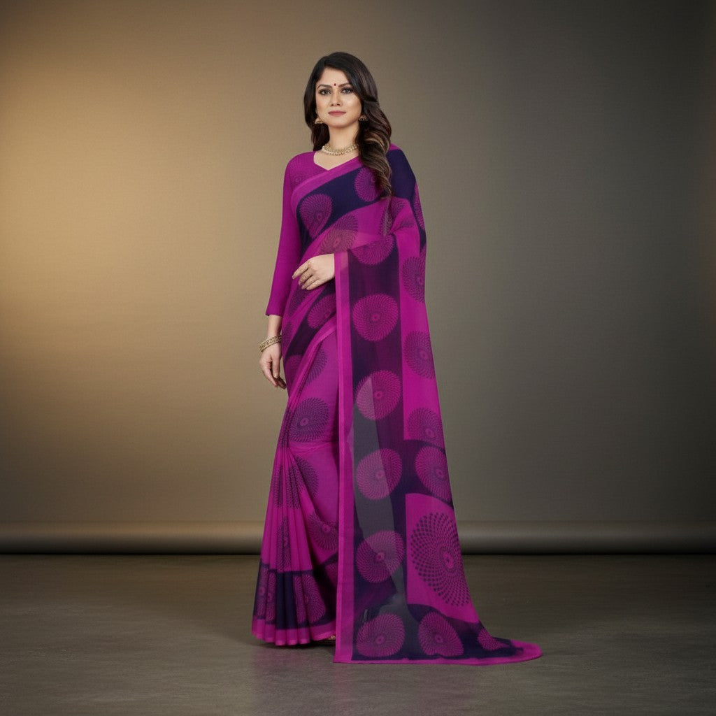 Shafusion purple georgette saree with circular print and unstitched blouse worn by a model in a studio setting