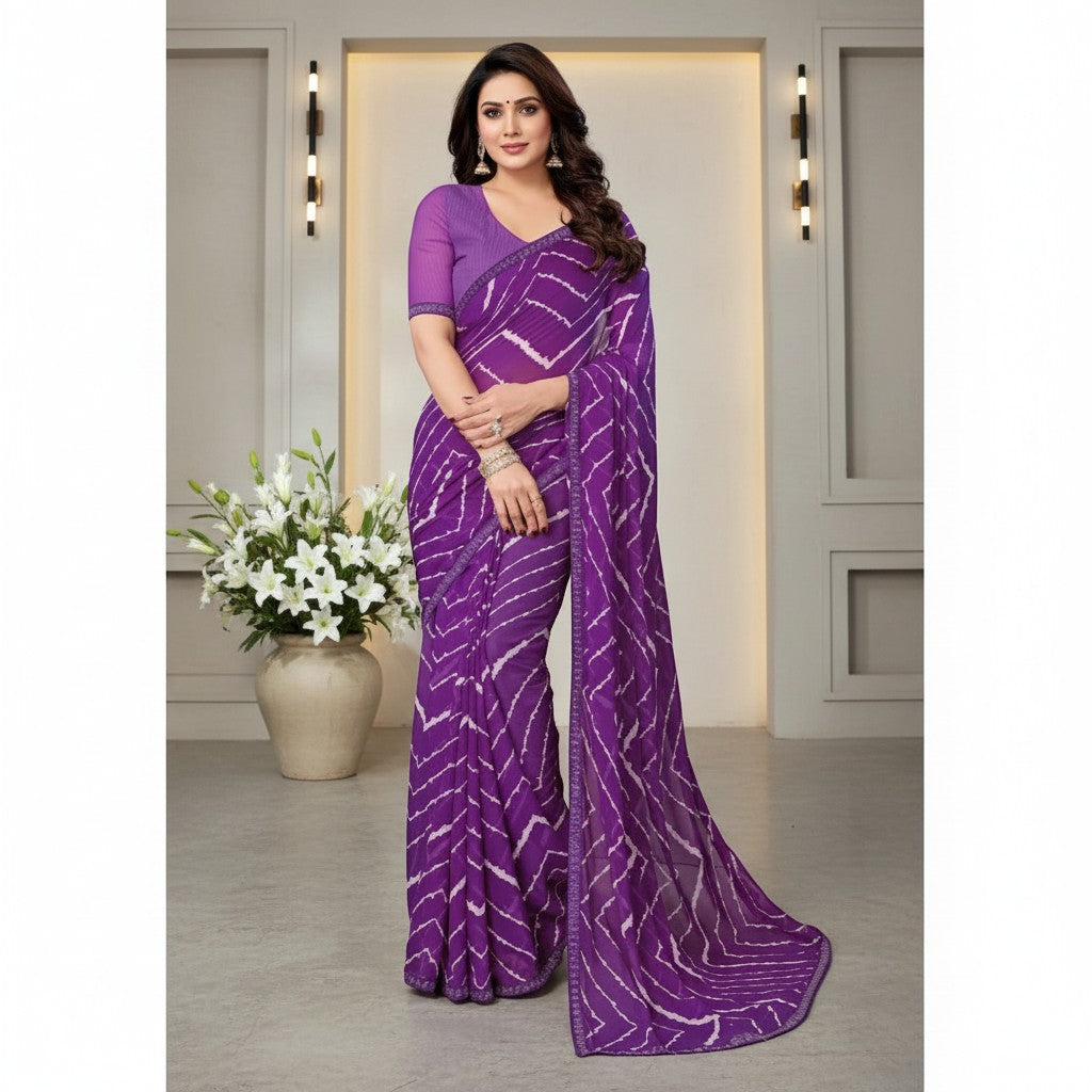 Shafusion purple georgette saree with white printed pattern and unstitched blouse worn by a model in a studio.