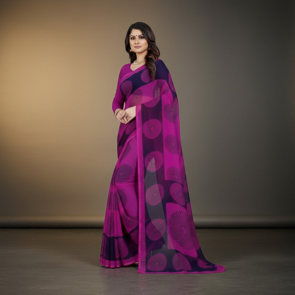 Shafusion purple georgette saree with circular print and matching unstitched blouse worn by a model