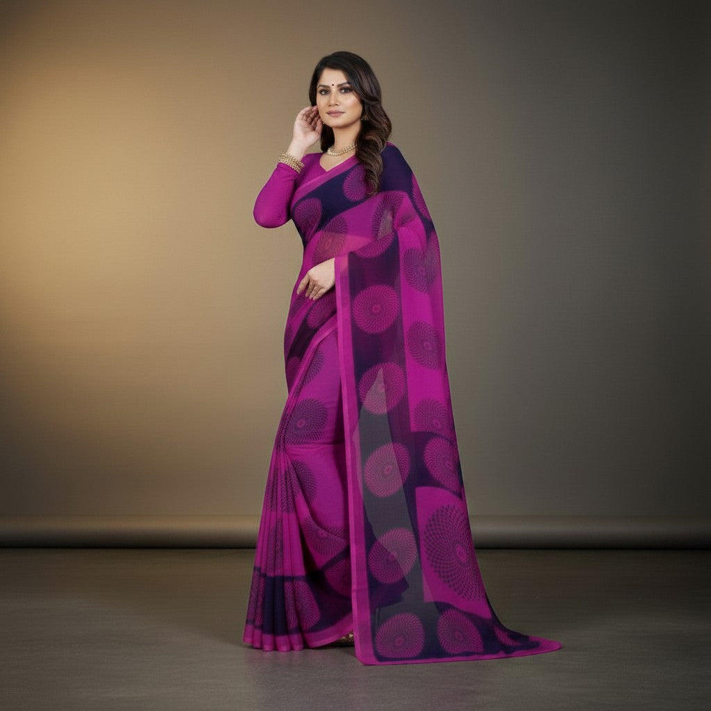Shafusion purple georgette saree with circular print and matching long-sleeve blouse worn by a model