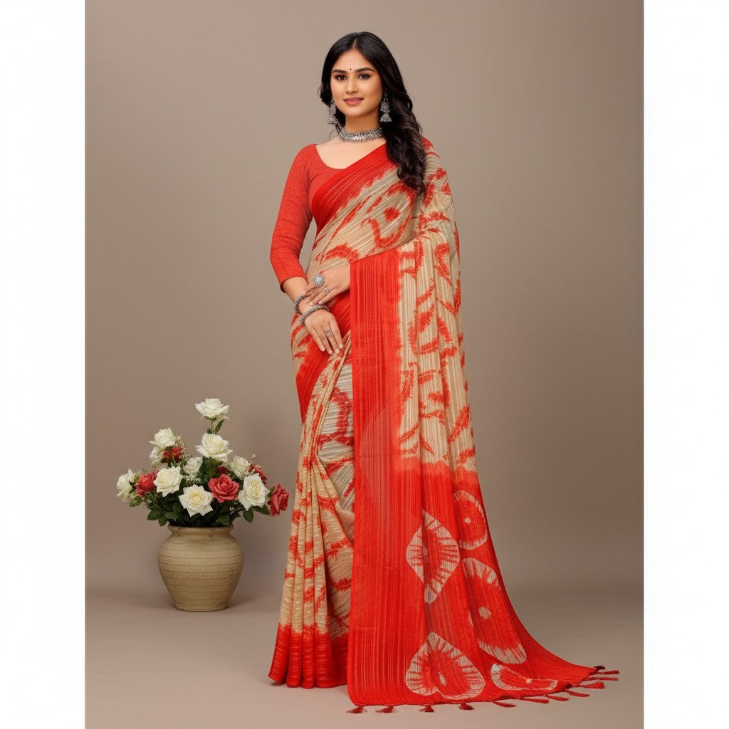 Shafusion red and beige georgette printed saree with unstitched blouse worn by a woman in a studio setting