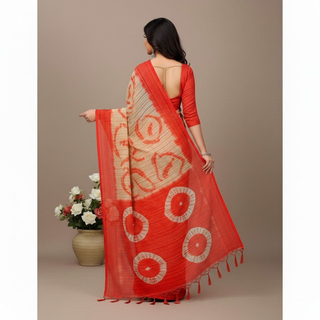 Shafusion red and beige georgette printed saree with unstitched blouse worn by a woman, back view
