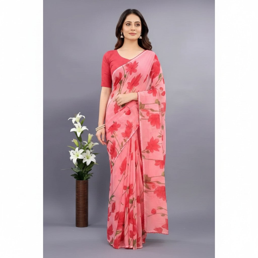 Shafusion red georgette saree with floral print and matching unstitched blouse worn by a model
