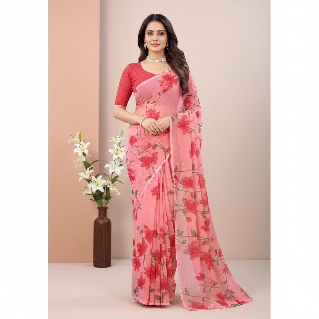 Shafusion red georgette saree with floral print and unstitched blouse worn by a model in a studio setting