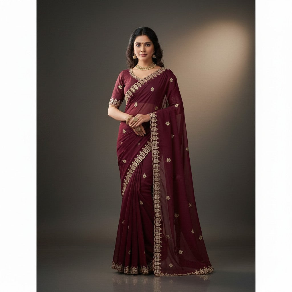 Shafusion red georgette saree featuring intricate gold embroidery and an unstitched blouse worn by a model