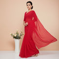 Shafusion red georgette plain saree worn by a model with a matching blouse, elegant festive attire