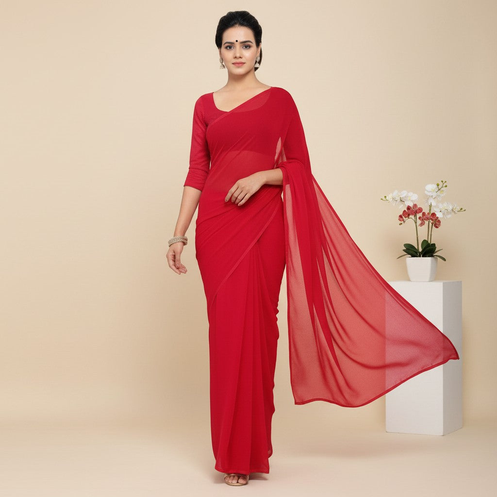 Shafusion red georgette plain saree with matching blouse worn by a model against a neutral studio background
