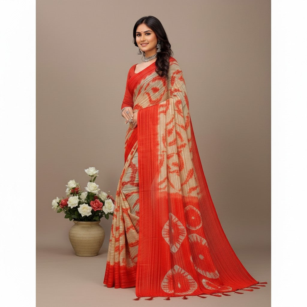 Shafusion red georgette printed saree with unstitched blouse worn by a model standing next to a vase of white roses