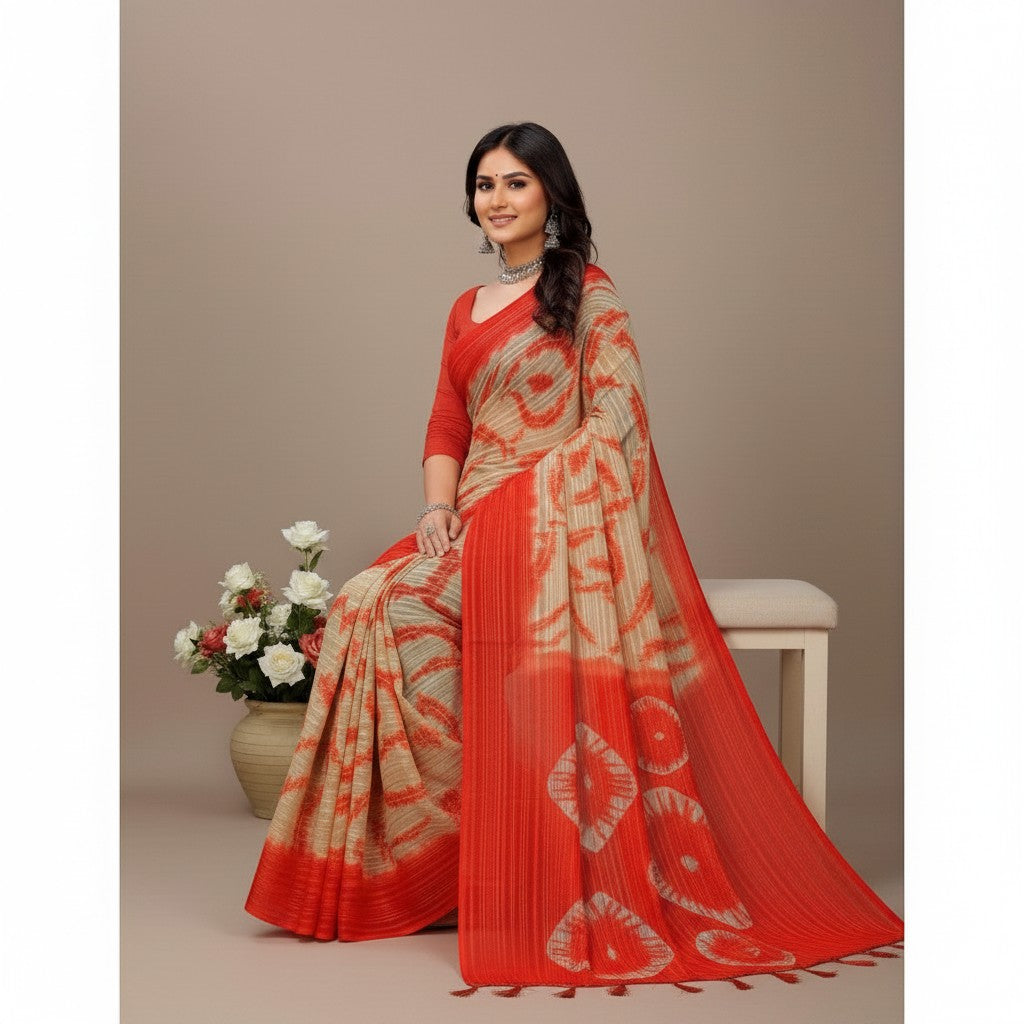 Shafusion red georgette saree with beige abstract print worn by a woman sitting on a bench with white flowers