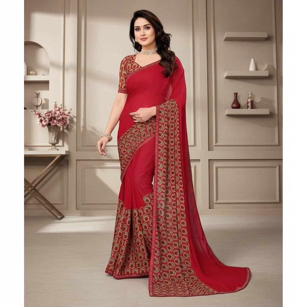 Shafusion red georgette saree with intricate printed border and matching unstitched blouse worn by a model