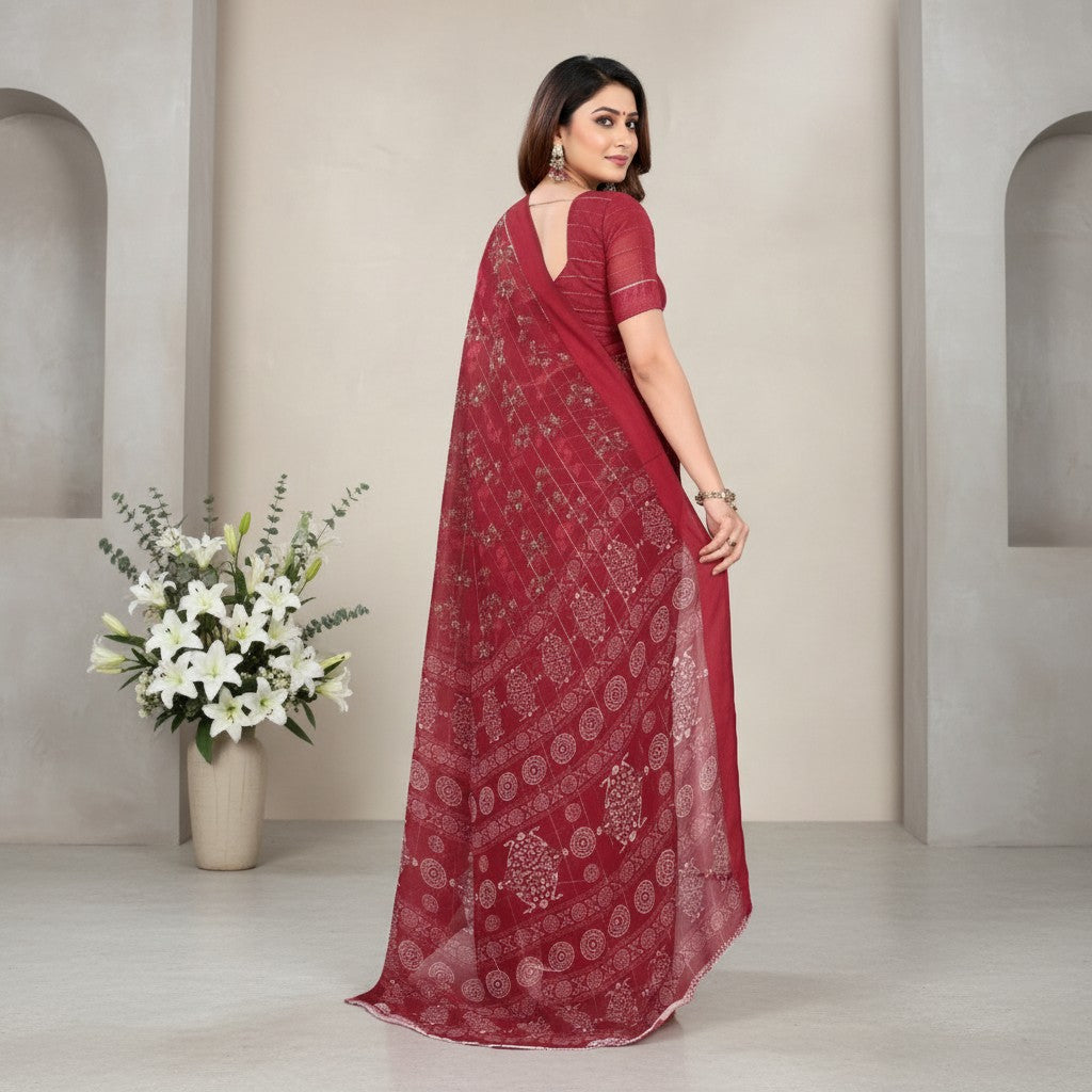 Shafusion red georgette printed saree with unstitched blouse worn by a woman in a studio setting